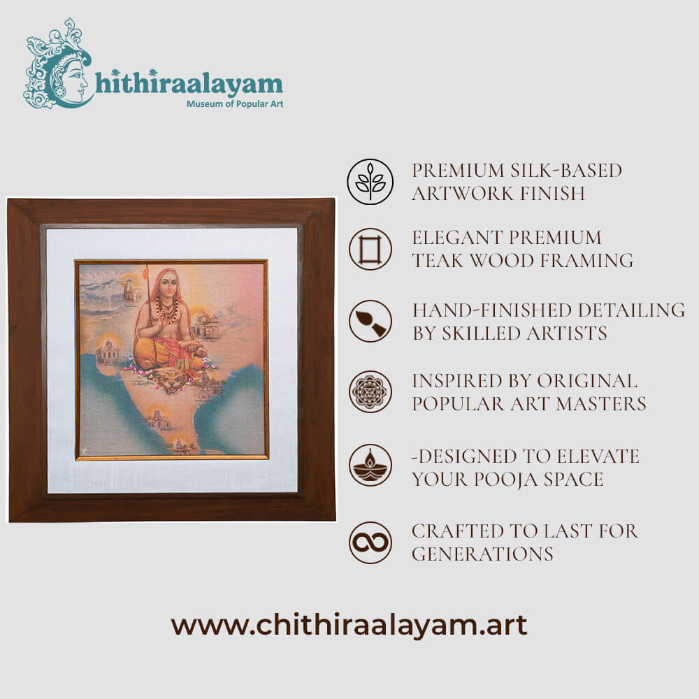 Aadhi Sankarar devotional art highlighting premium raw silk, Ari and Zardoshi embroidery and antique teak wood finish