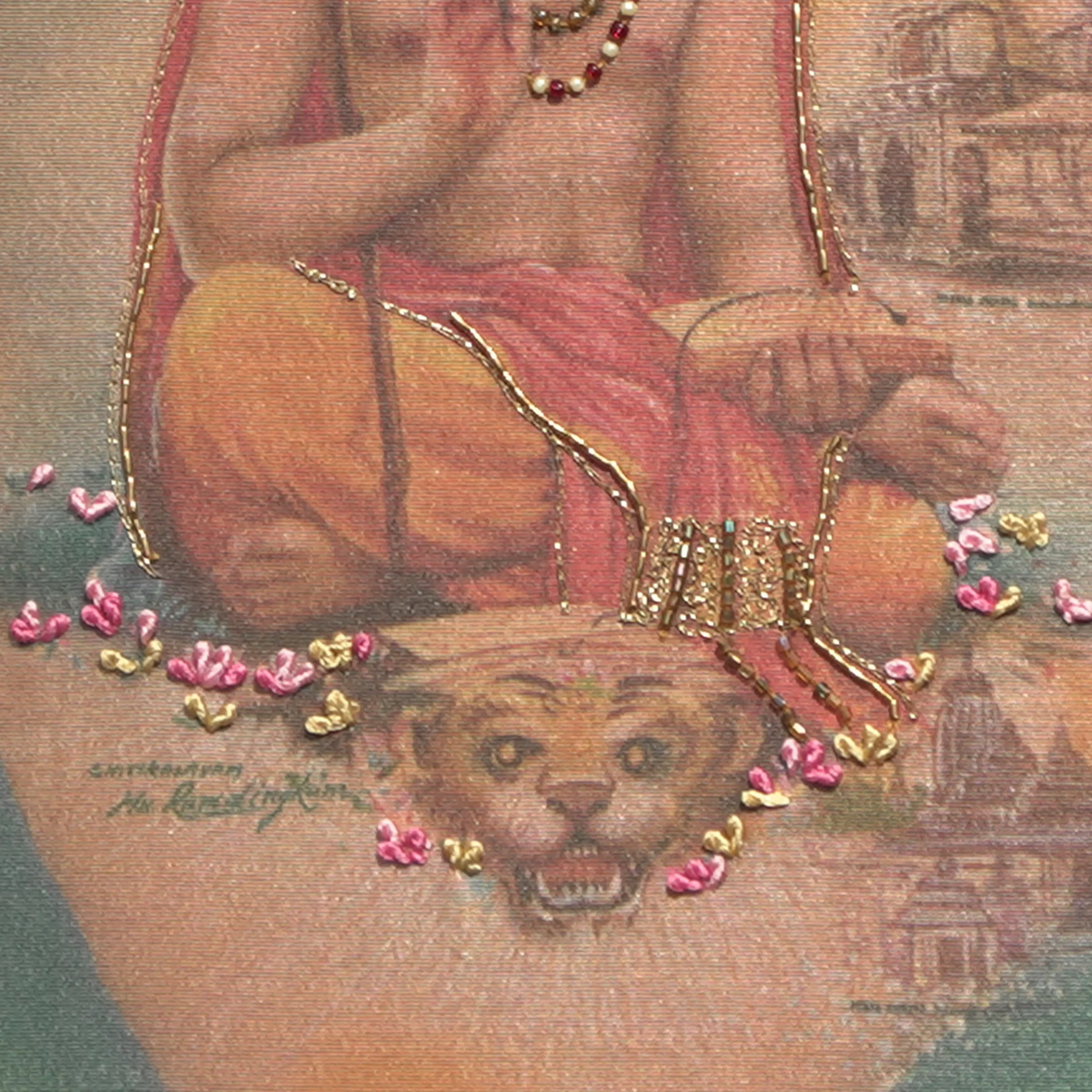 Close-up of Aadhi Sankarar lower body embroidery showing intricate Zardoshi threadwork on raw silk
