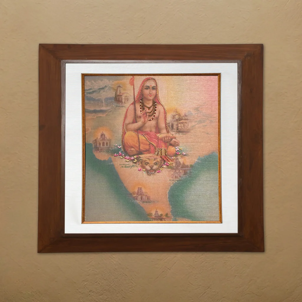 Aadhi Sankarar silk embroidery wall art framed in teak wood for pooja room and living room decor