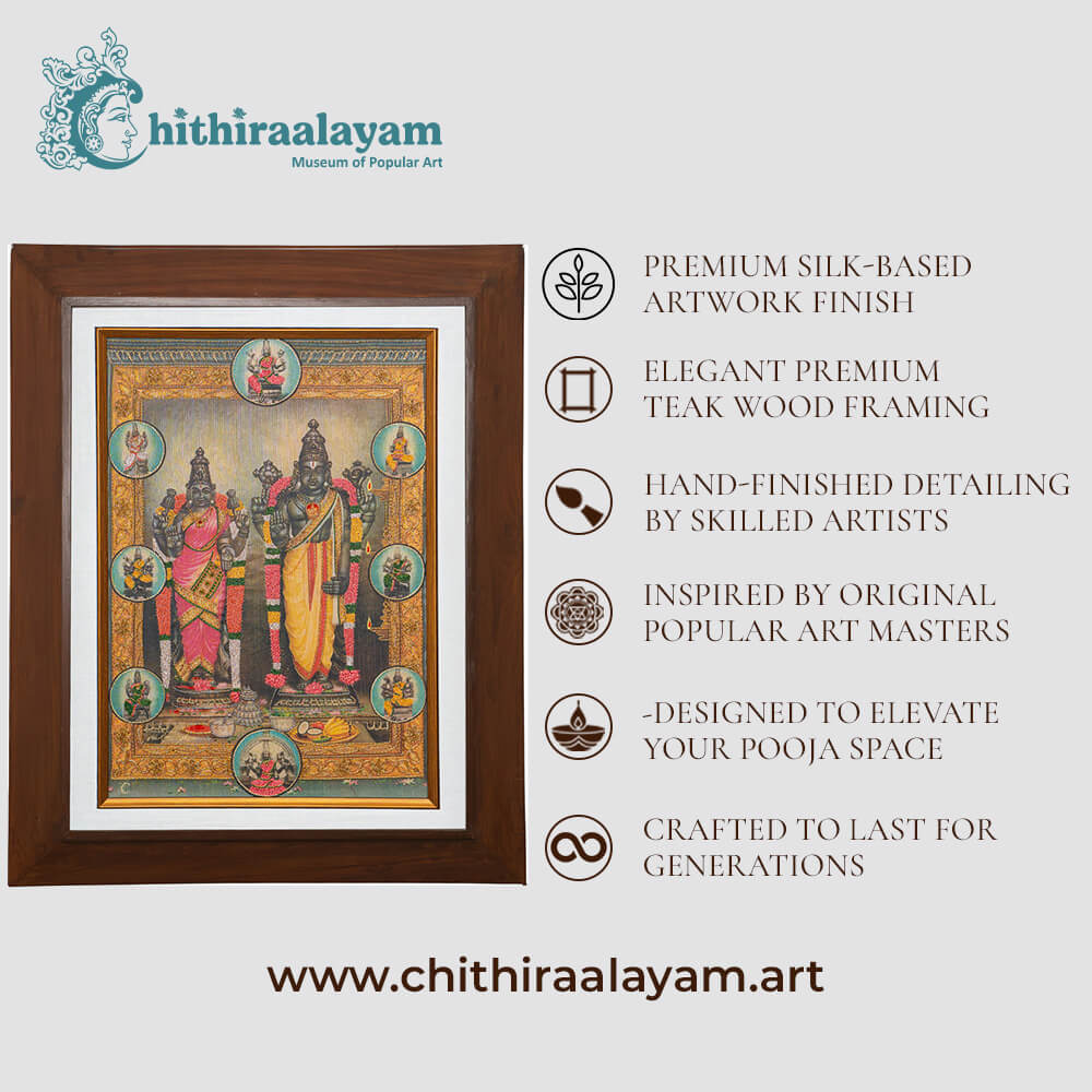 Ashtalakshmi devotional art highlighting premium raw silk, Ari and Zardoshi embroidery and antique teak wood finish