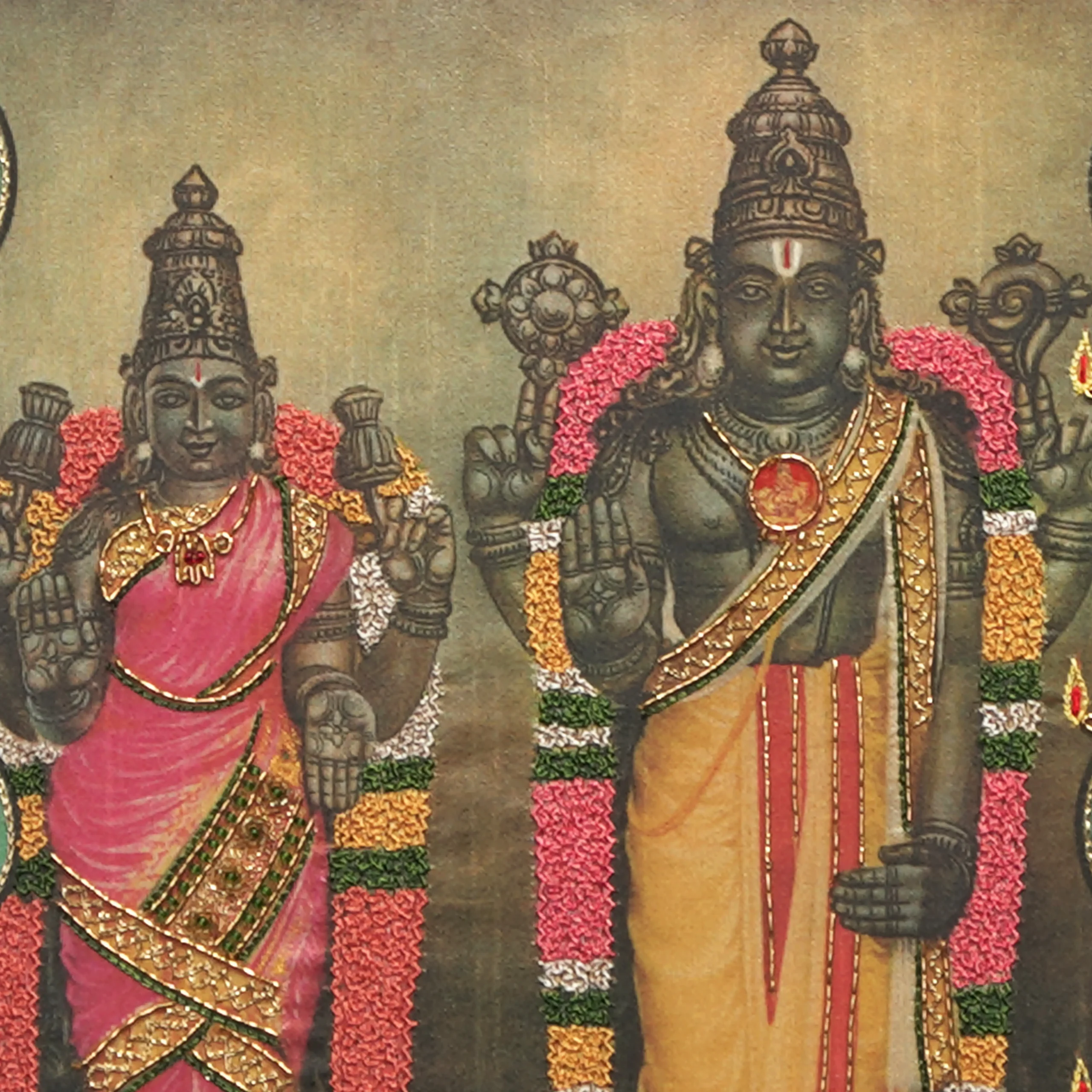 Close-up of Ashtalakshmi face and crown detail with handcrafted Ari and Zardoshi embroidery on raw silk