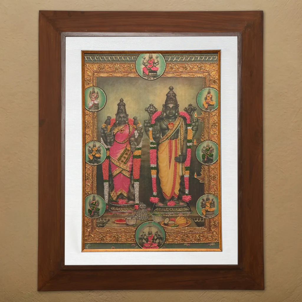 Ashtalakshmi silk embroidery wall art framed in teak wood for pooja room and living room decor