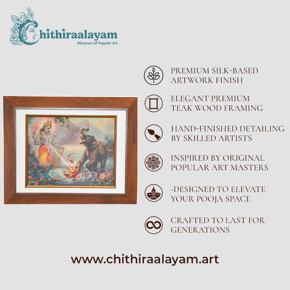 Gajendra Moksham devotional art highlighting premium raw silk, Ari and Zardoshi embroidery and antique teak wood finish