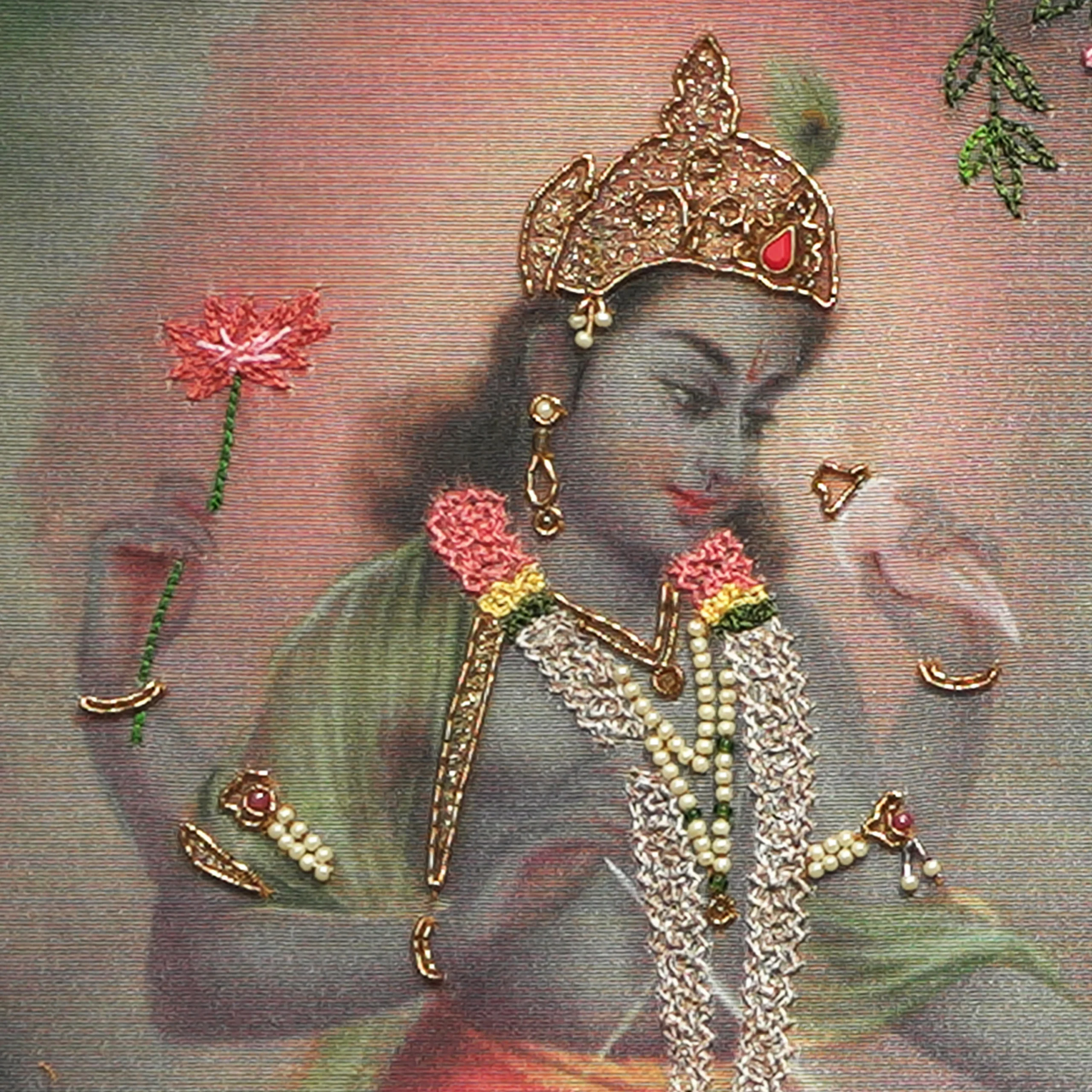 Close-up of Gajendra Moksham face and crown detail with handcrafted Ari and Zardoshi embroidery on raw silk