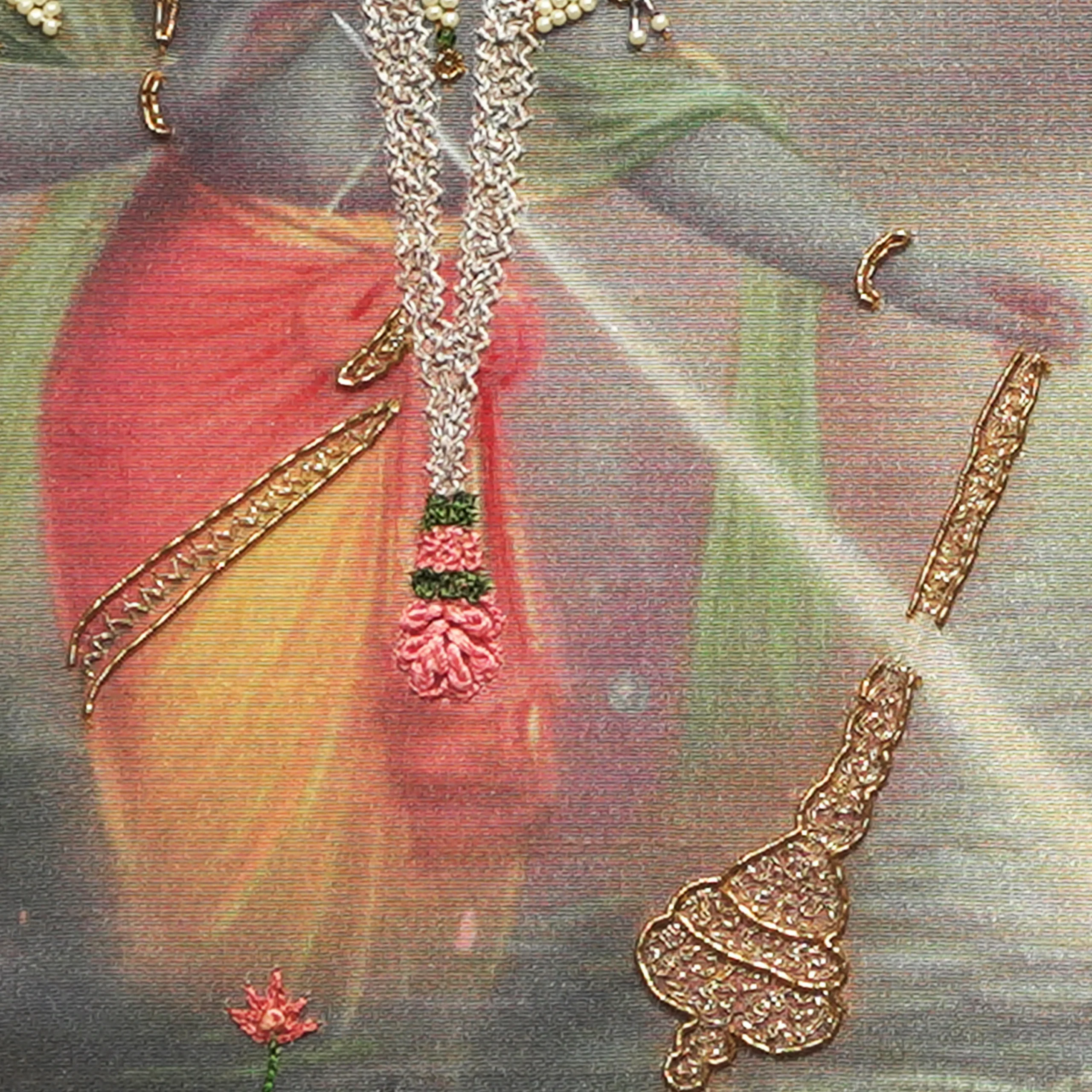 Close-up of Gajendra Moksham lower body embroidery showing intricate Zardoshi threadwork on raw silk