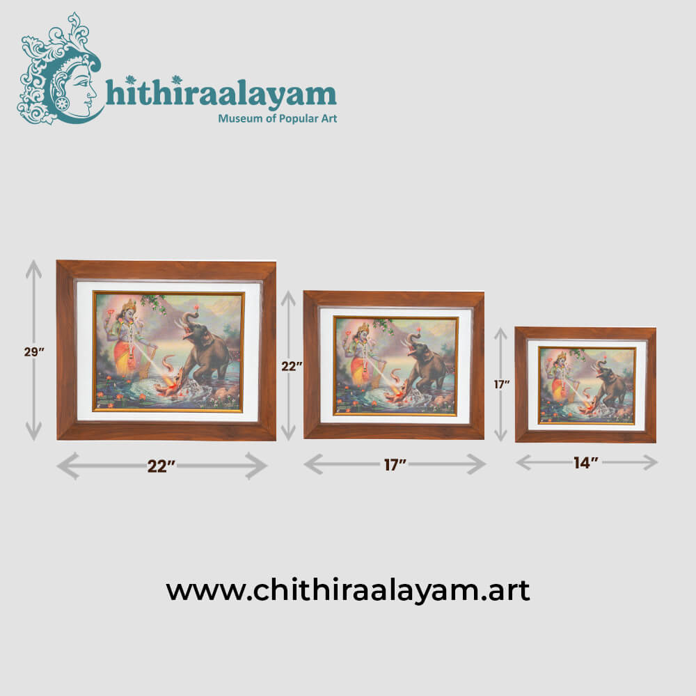 Size and dimension chart for Gajendra Moksham raw silk embroidery painting in teak wood frame