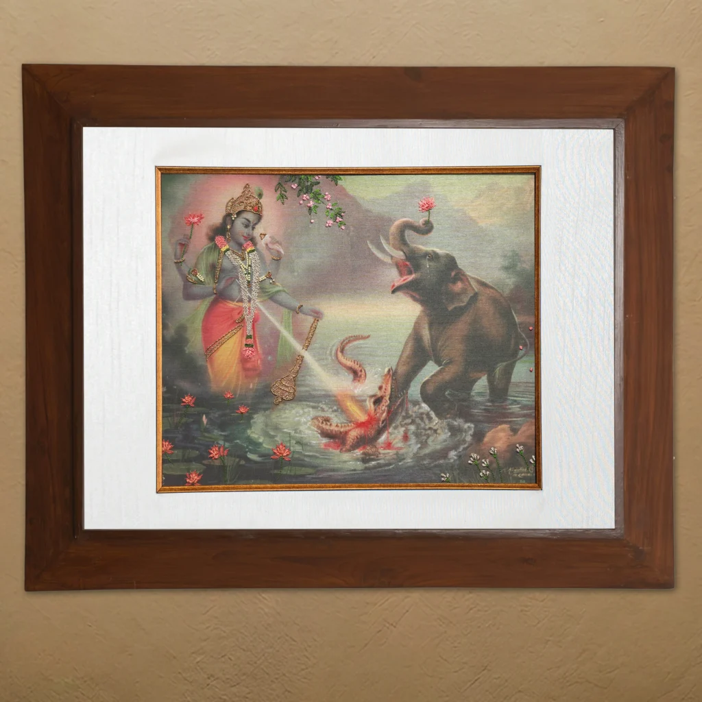 Gajendra Moksham silk embroidery wall art framed in teak wood for pooja room and living room decor