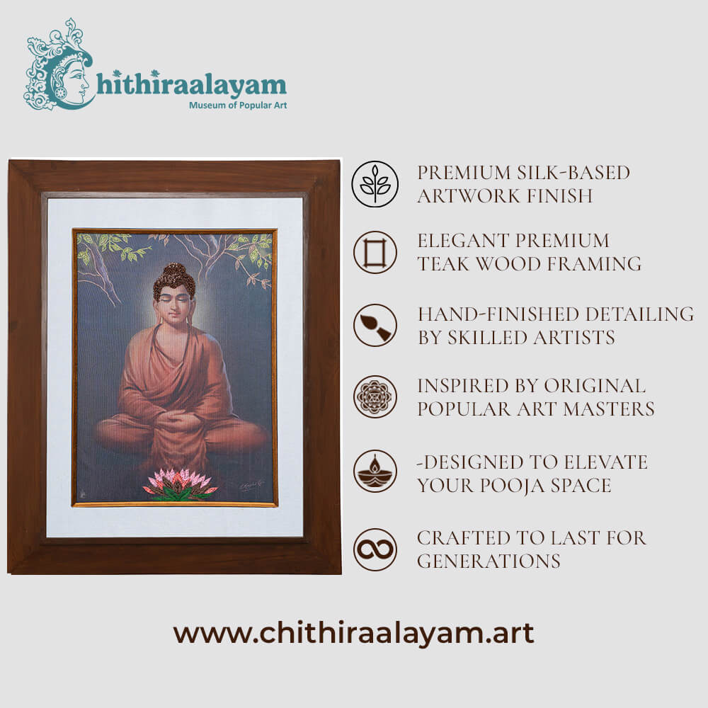 Gowthama Buddha devotional art highlighting premium raw silk, Ari and Zardoshi embroidery and antique teak wood finish