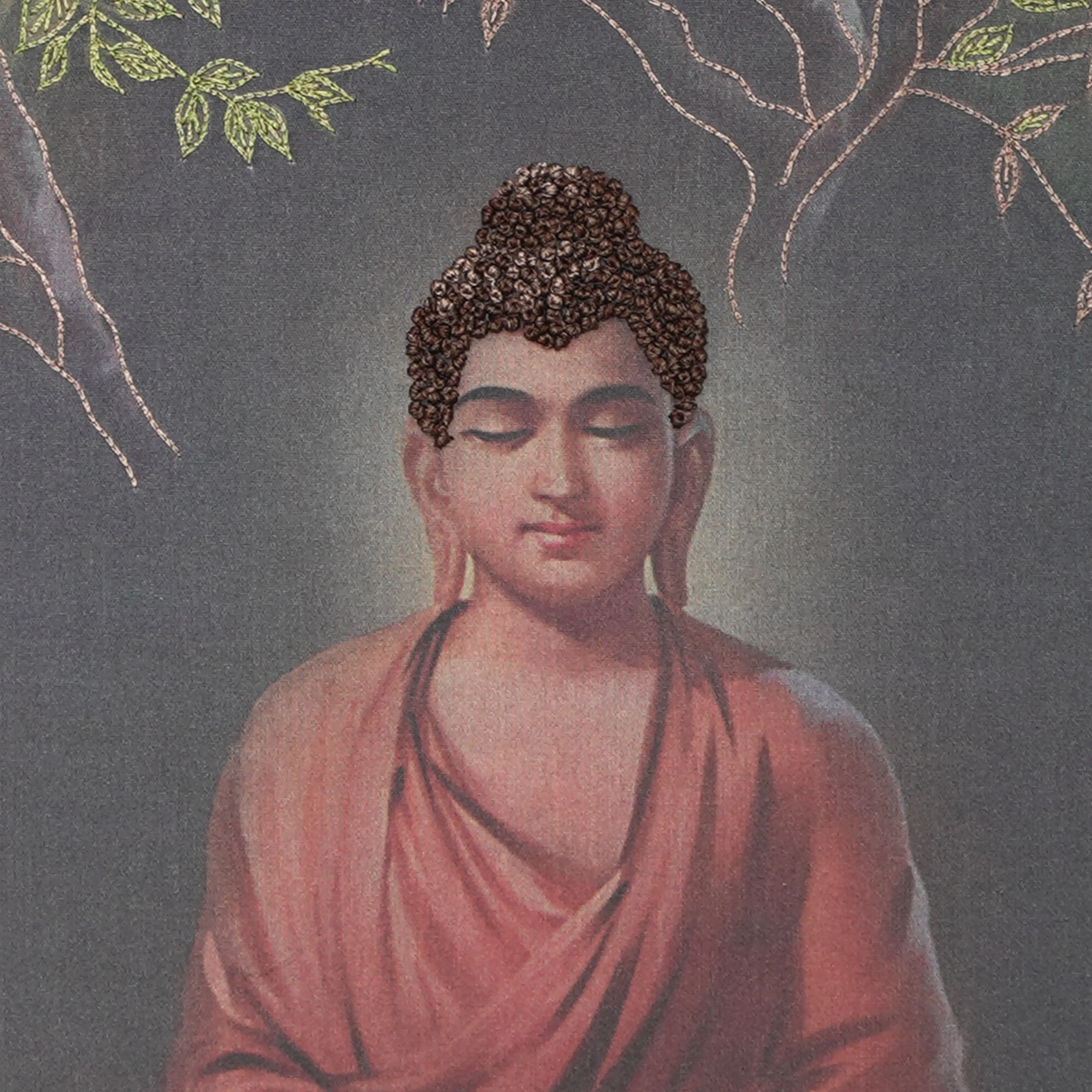 Close-up of Gowthama Buddha face and crown detail with handcrafted Ari and Zardoshi embroidery on raw silk