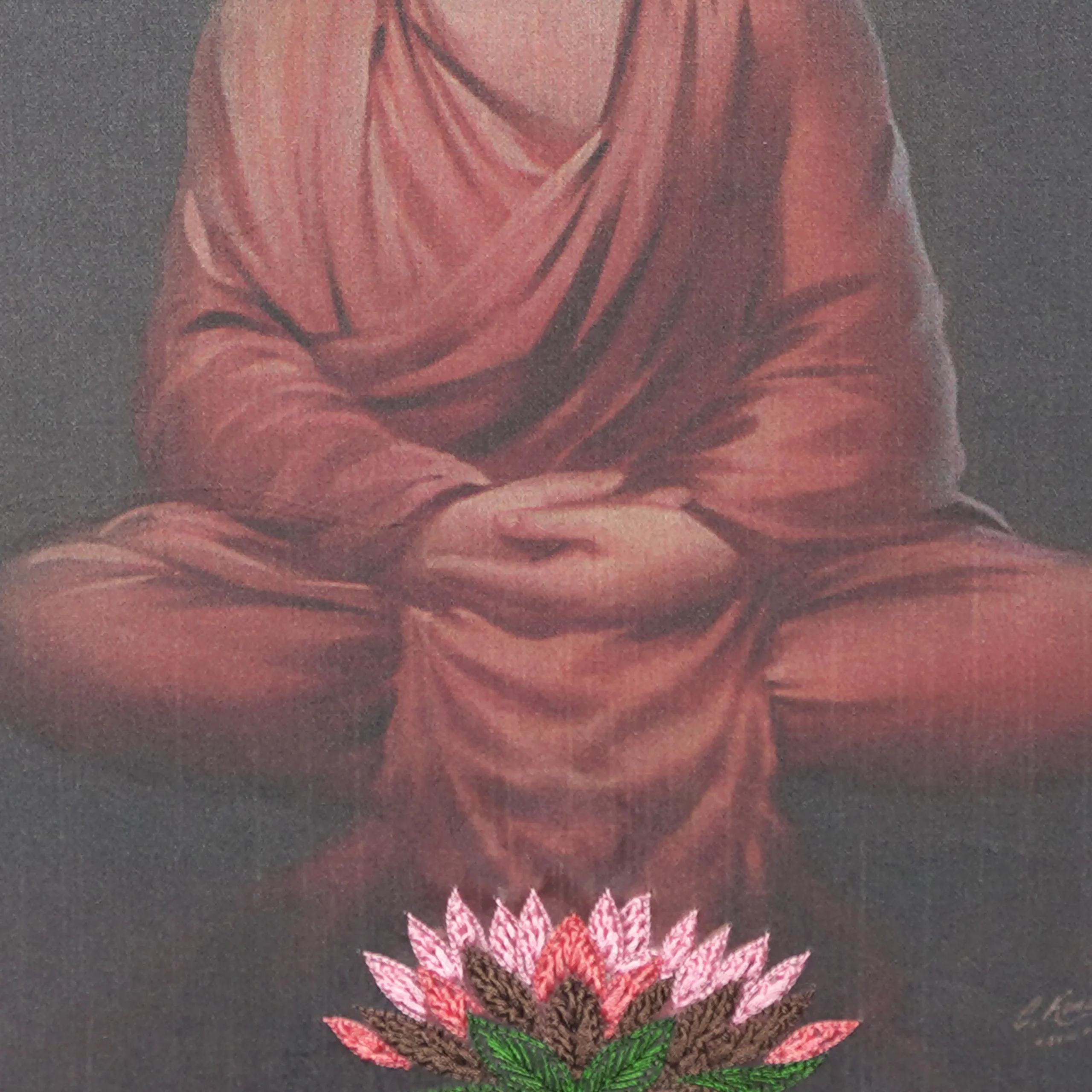 Close-up of Gowthama Buddha lower body embroidery showing intricate Zardoshi threadwork on raw silk