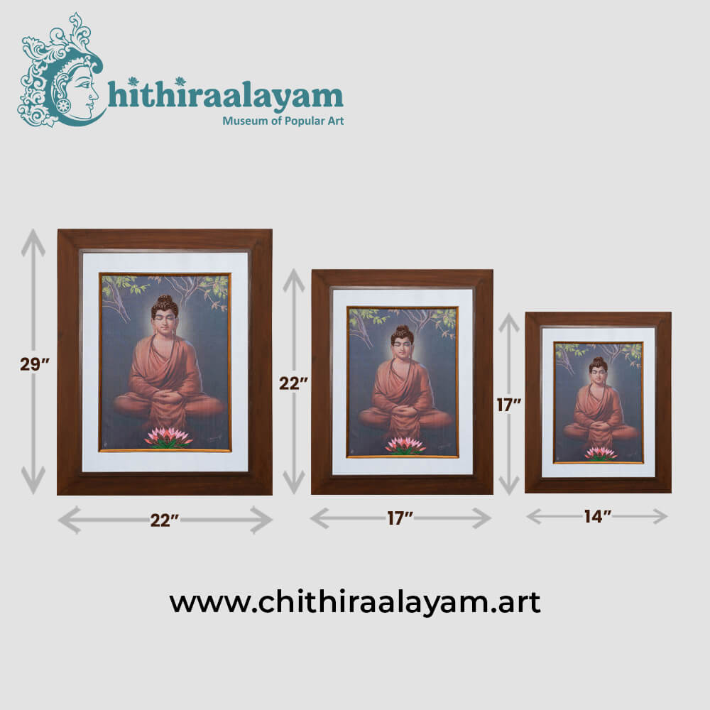 Size and dimension chart for Gowthama Buddha raw silk embroidery painting in teak wood frame