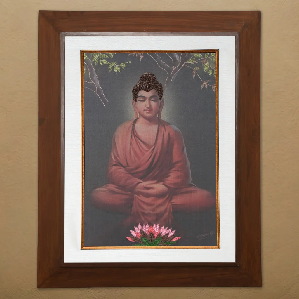 Gowthama Buddha silk embroidery wall art framed in teak wood for pooja room and living room decor