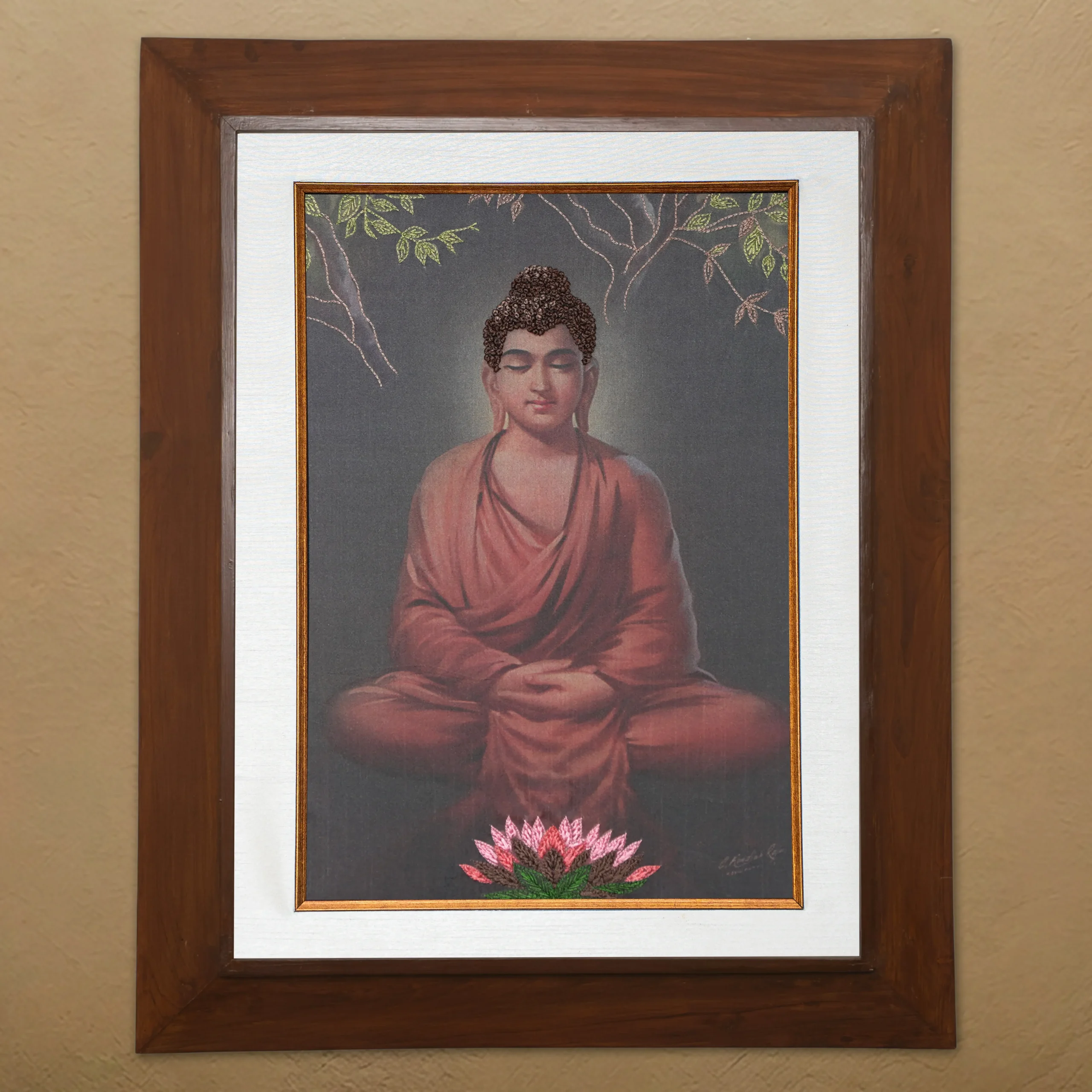 Gowthama Buddha silk embroidery wall art framed in teak wood for pooja room and living room decor