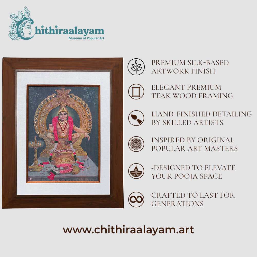 Lord Ayyappan devotional art highlighting premium raw silk, Ari and Zardoshi embroidery and antique teak wood finish