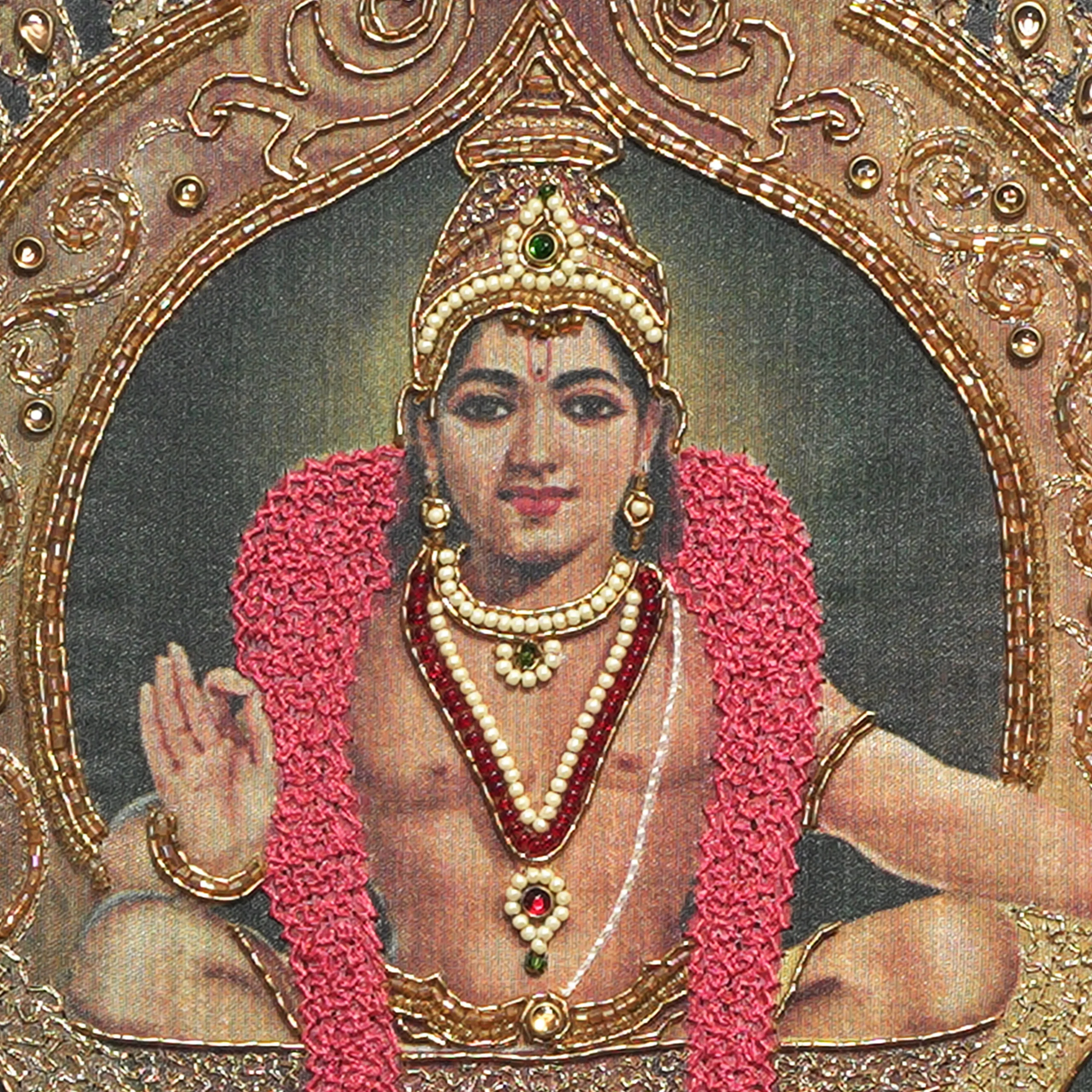 Close-up of Lord Ayyappan face and crown detail with handcrafted Ari and Zardoshi embroidery on raw silk