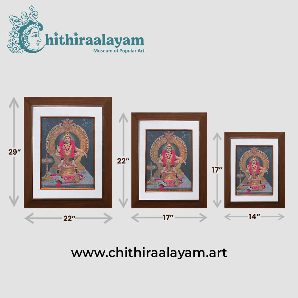 Size and dimension chart for Lord Ayyappan raw silk embroidery painting in teak wood frame