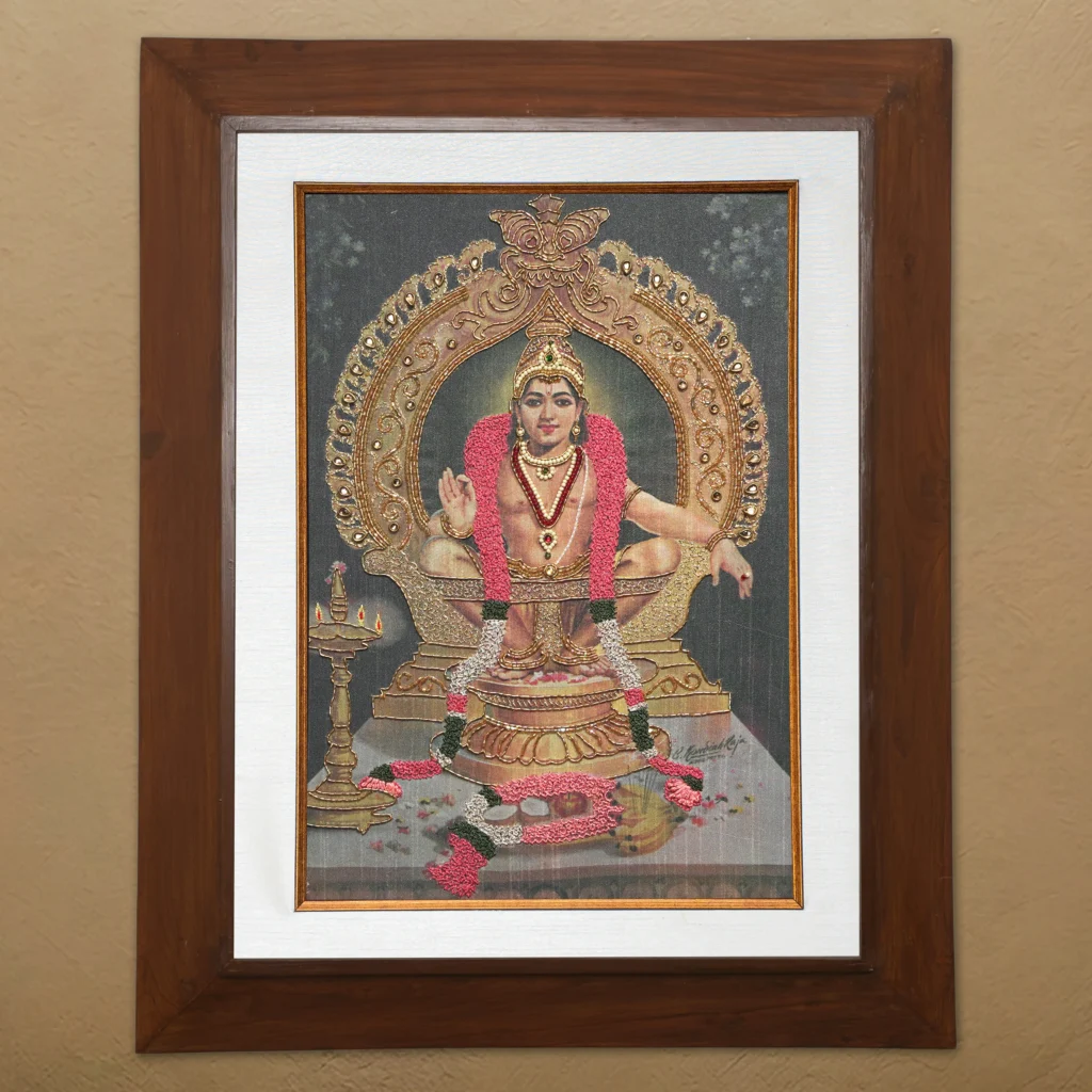 Lord Ayyappan silk embroidery wall art framed in teak wood for pooja room and living room decor