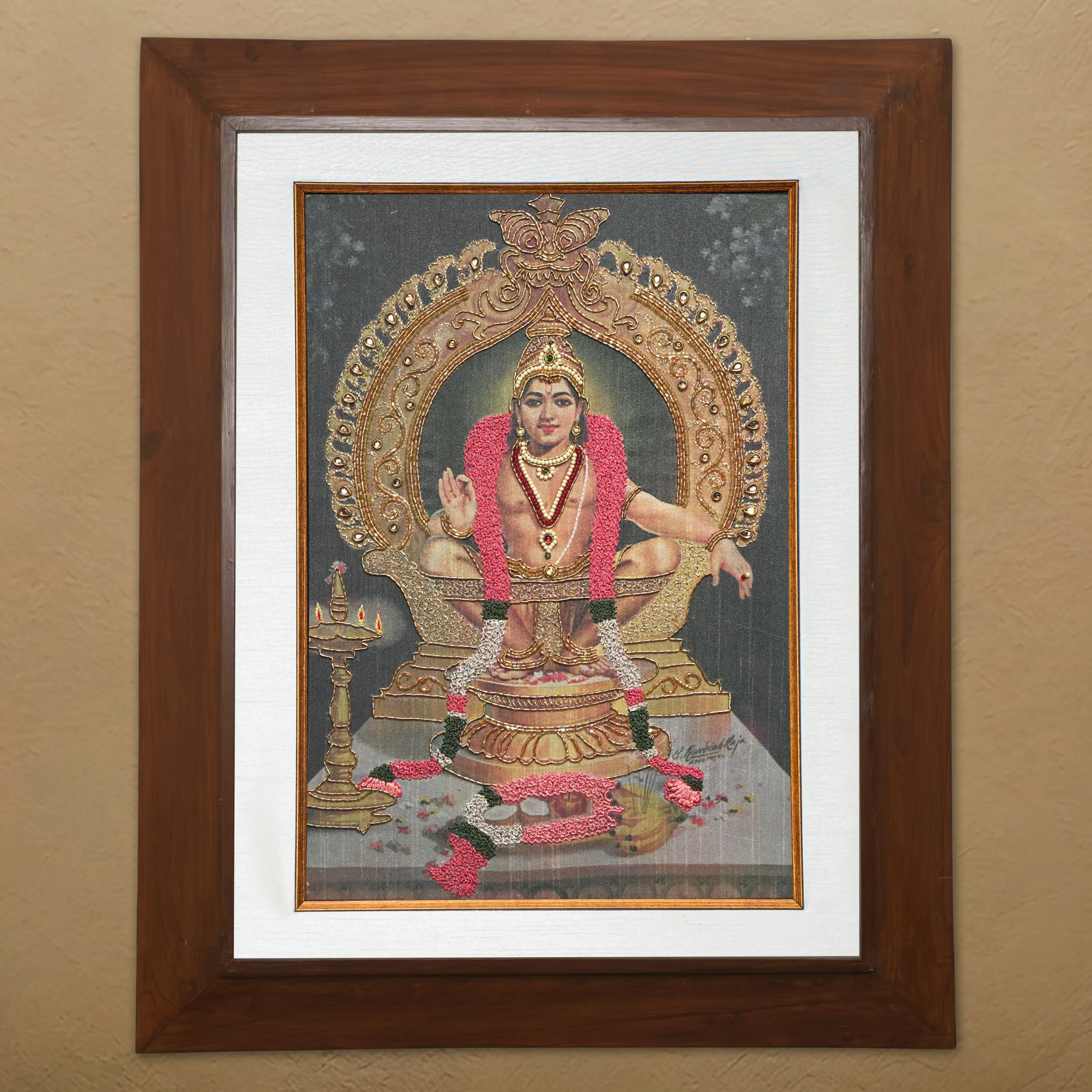 Lord Ayyappan silk embroidery wall art framed in teak wood for pooja room and living room decor