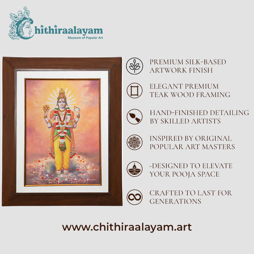 Lord Dhanvantri devotional art highlighting premium raw silk, Ari and Zardoshi embroidery and antique teak wood finish