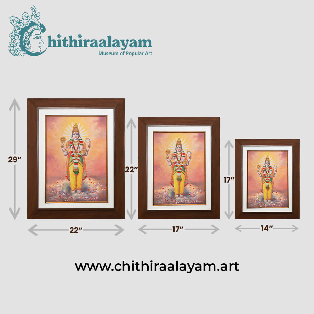 Size and dimension chart for Lord Dhanvantri raw silk embroidery painting in teak wood frame