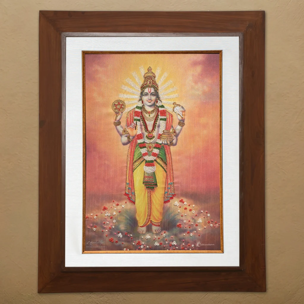 Lord Dhanvantri silk embroidery wall art framed in teak wood for pooja room and living room decor