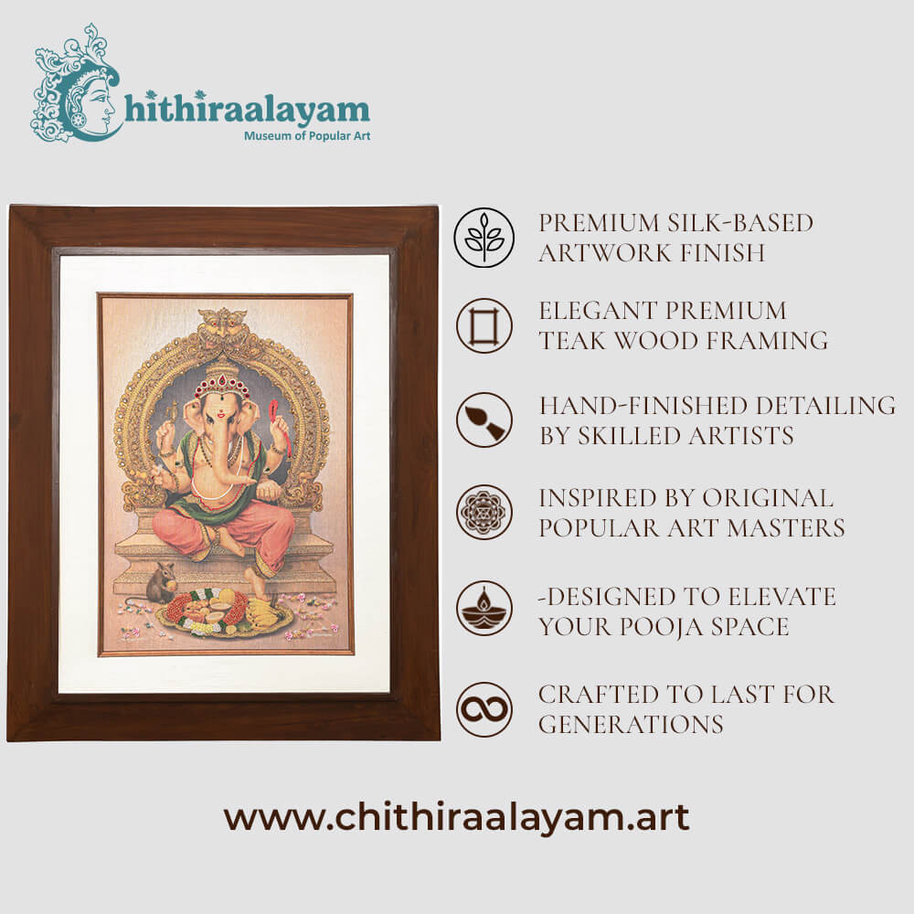 Lord Ganapathy devotional art highlighting premium raw silk, Ari and Zardoshi embroidery and antique teak wood finish