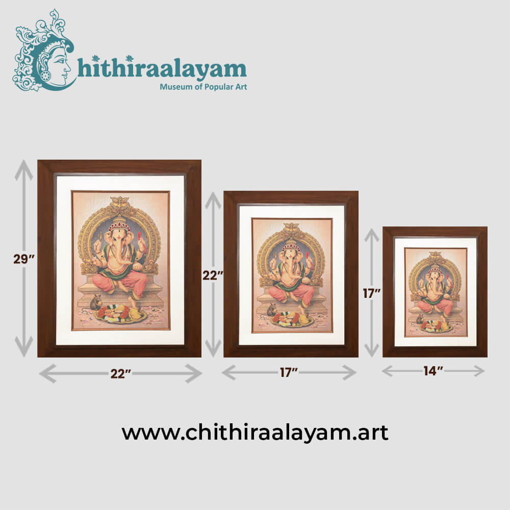 Size and dimension chart for Lord Ganapathy raw silk embroidery painting in teak wood frame