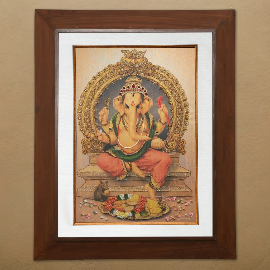 Lord Ganapathy silk embroidery wall art framed in teak wood for pooja room and living room decor