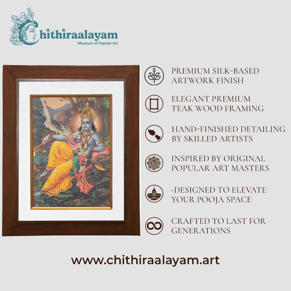 Lord Krishna devotional art highlighting premium raw silk, Ari and Zardoshi embroidery and antique teak wood finish