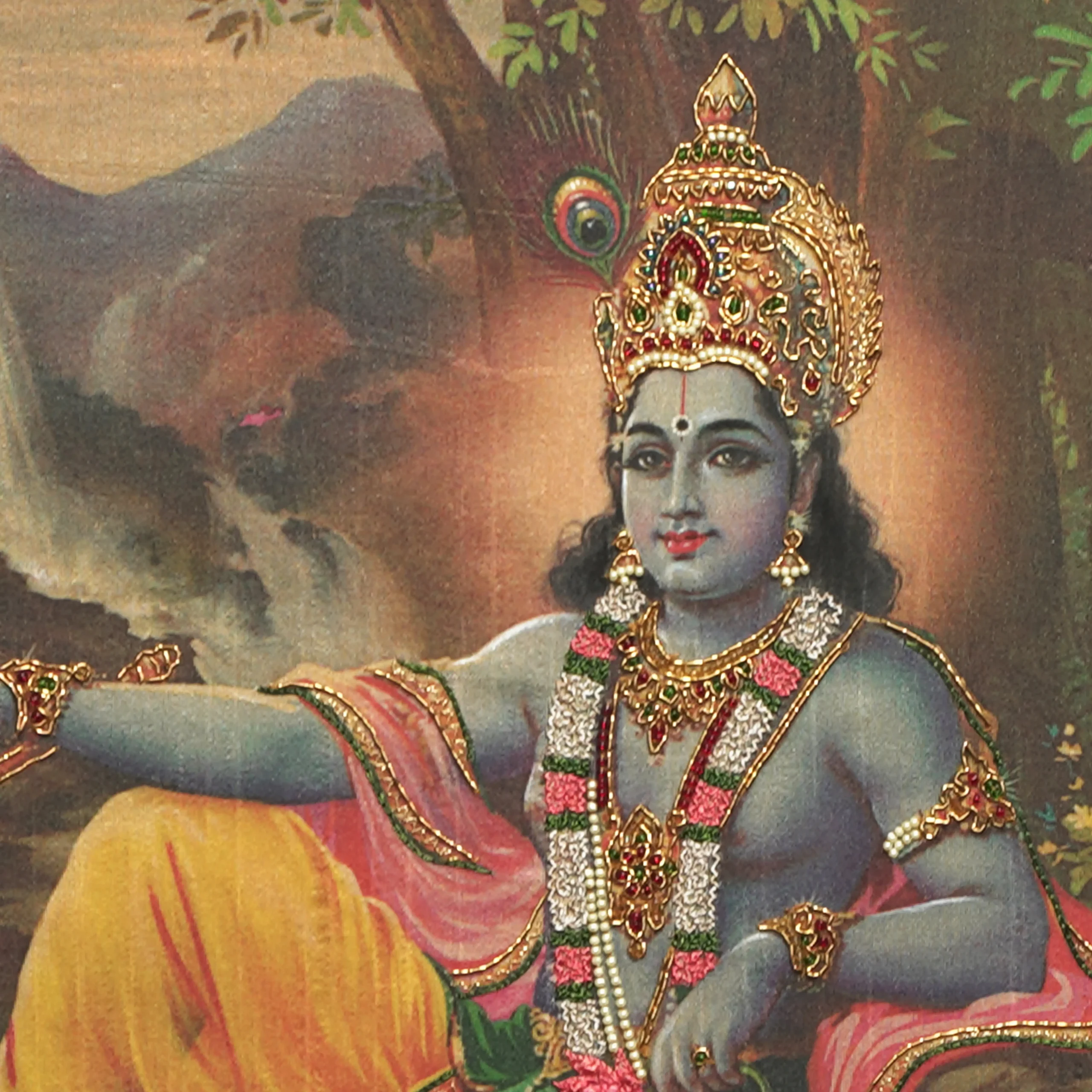 Close-up of Lord Krishna face and crown detail with handcrafted Ari and Zardoshi embroidery on raw silk