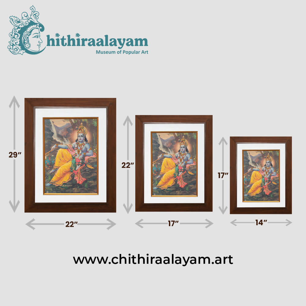 Size and dimension chart for Lord Krishna raw silk embroidery painting in teak wood frame