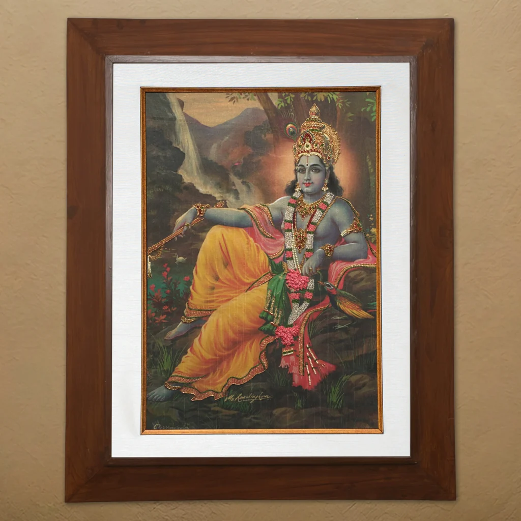 Lord Krishna silk embroidery wall art framed in teak wood for pooja room and living room decor