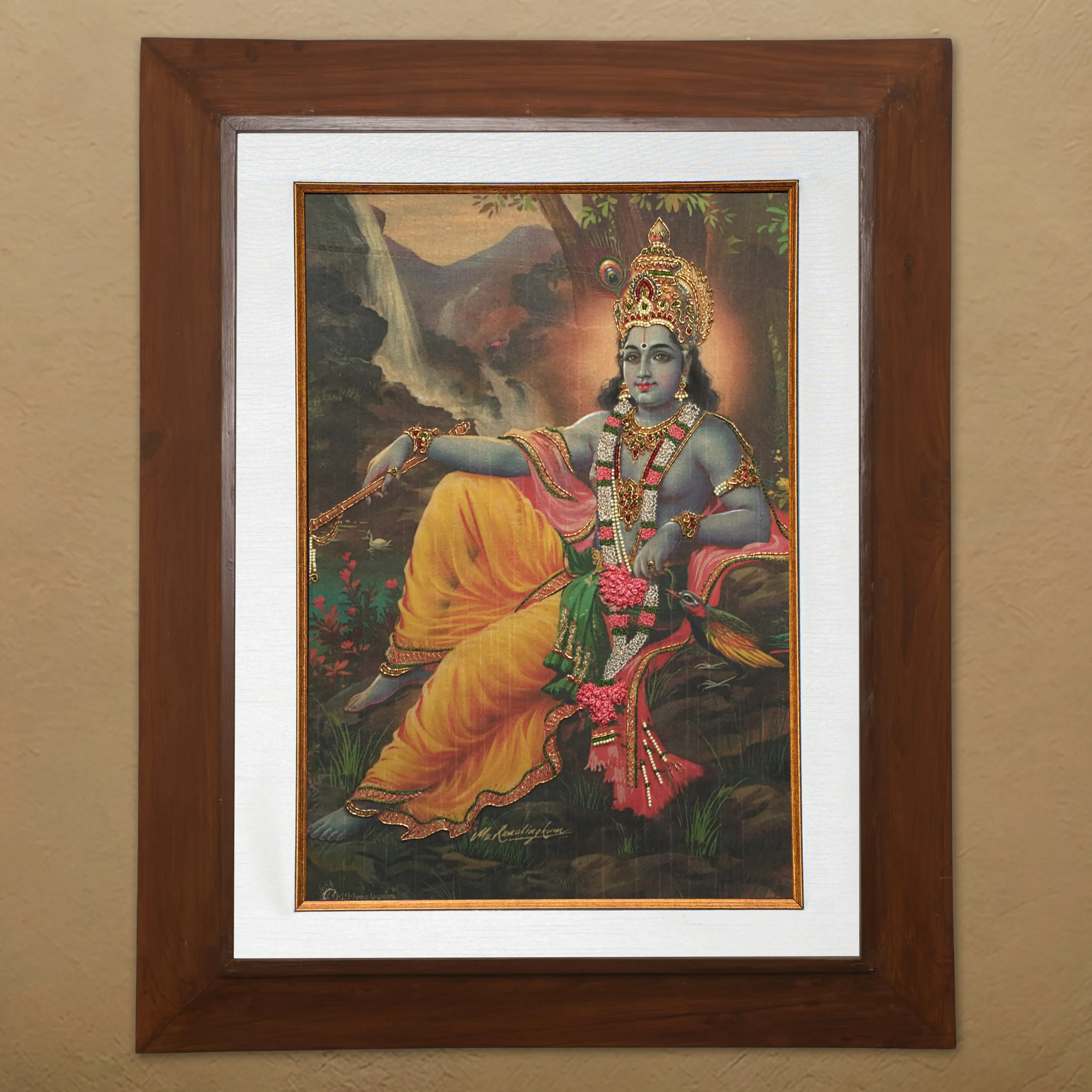 Lord Krishna silk embroidery wall art framed in teak wood for pooja room and living room decor