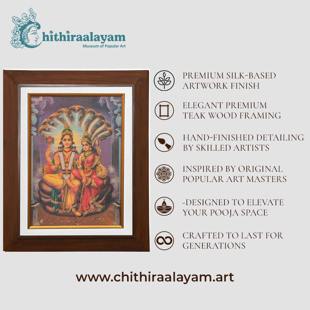 Lord Lakshmi Narayana devotional art highlighting premium raw silk, Ari and Zardoshi embroidery and antique teak wood finish