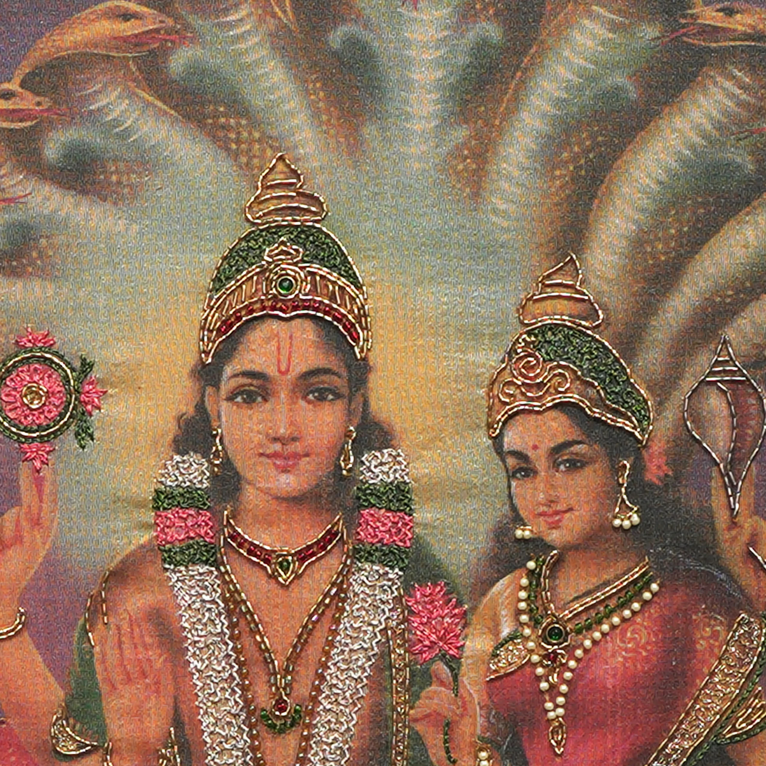 Close-up of Lord Lakshmi Narayana face and crown detail with handcrafted Ari and Zardoshi embroidery on raw silk