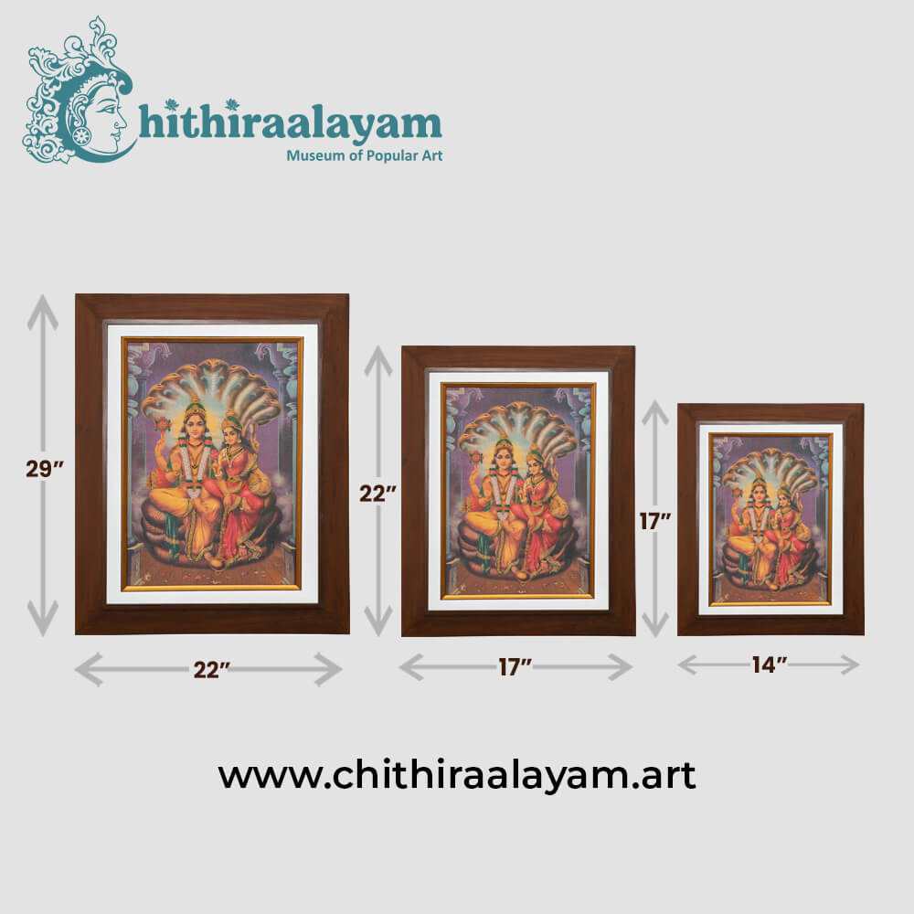 Size and dimension chart for Lord Lakshmi Narayana raw silk embroidery painting in teak wood frame