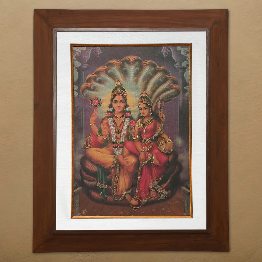Lord Lakshmi Narayana silk embroidery wall art framed in teak wood for pooja room and living room decor