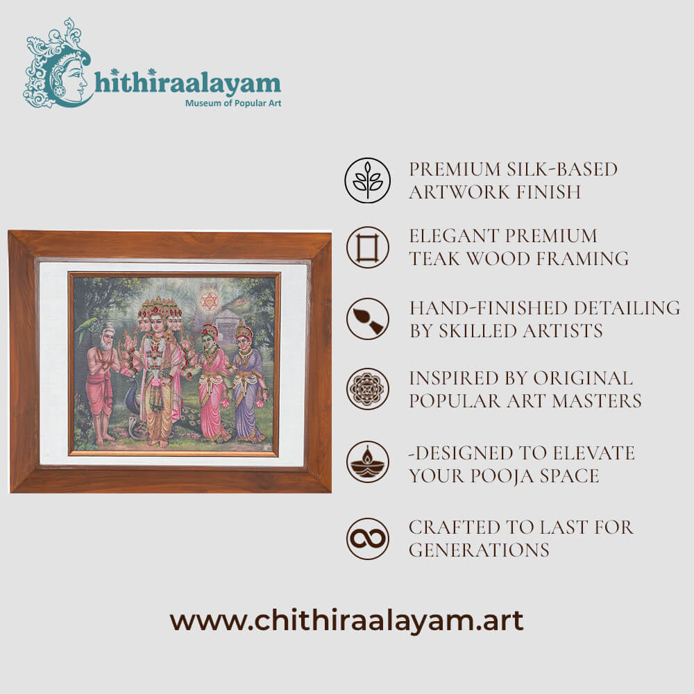 Lord Murugar devotional art highlighting premium raw silk, Ari and Zardoshi embroidery and antique teak wood finish