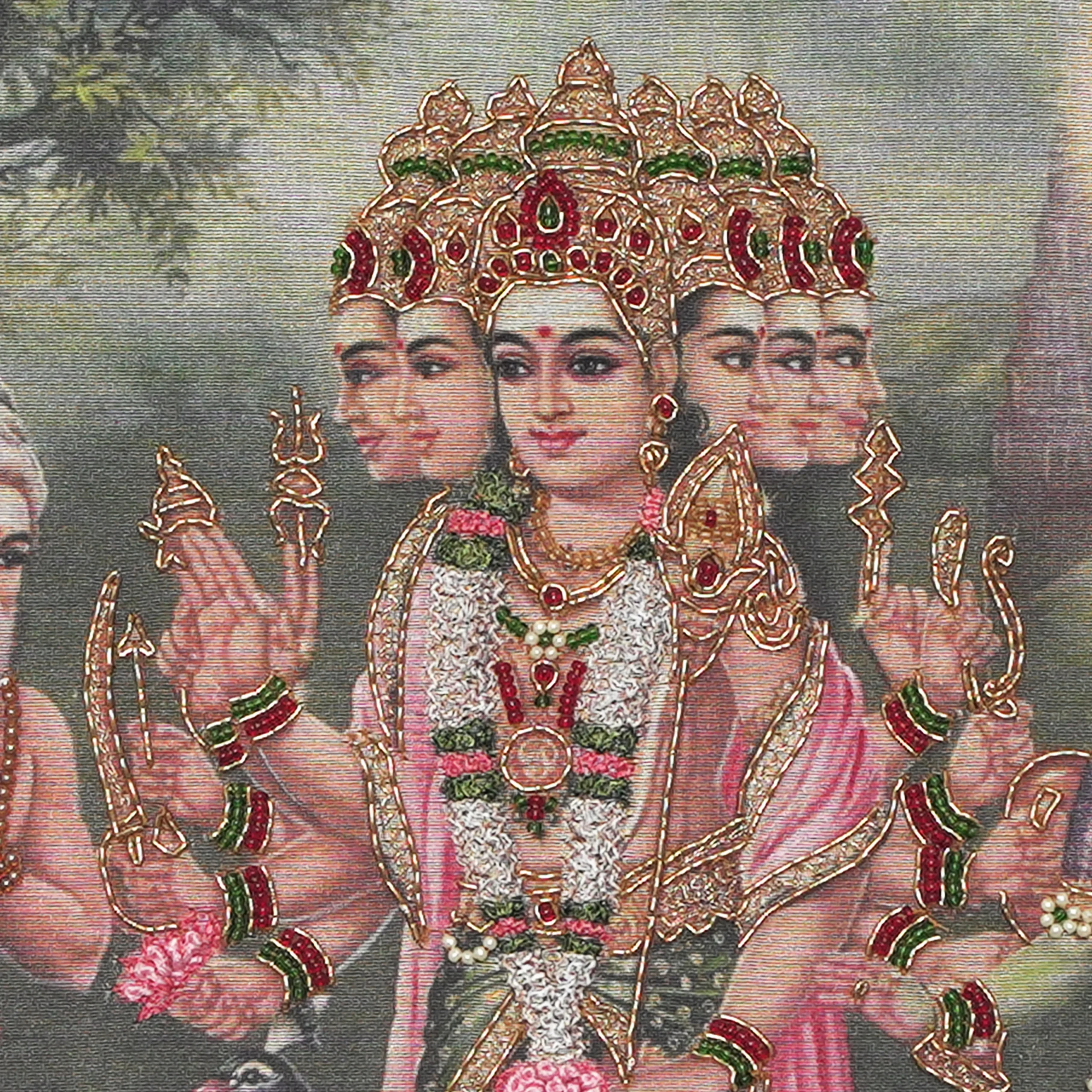 Close-up of Lord Murugar face and crown detail with handcrafted Ari and Zardoshi embroidery on raw silk