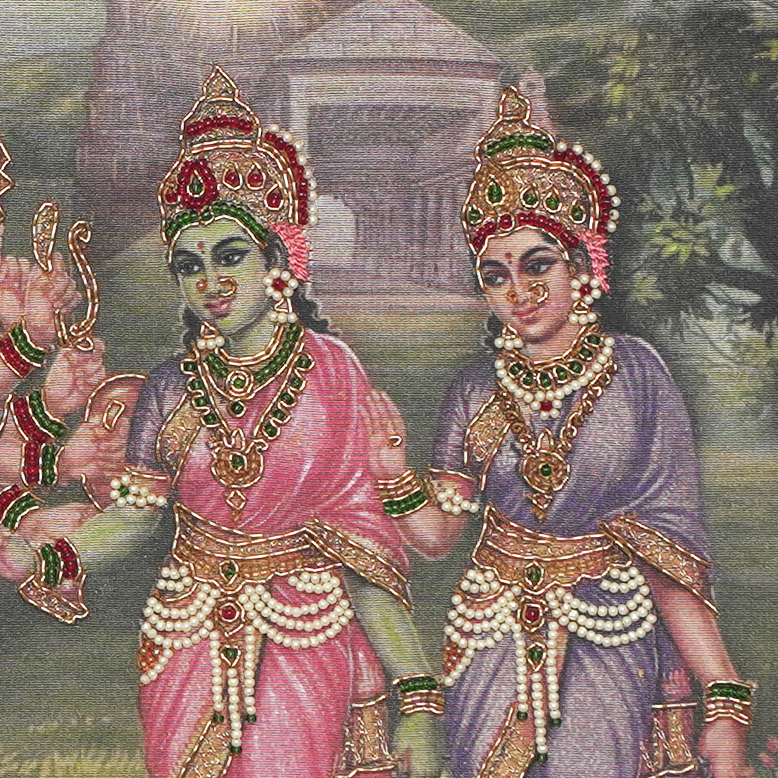 Close-up of Lord Murugar lower body embroidery showing intricate Zardoshi threadwork on raw silk