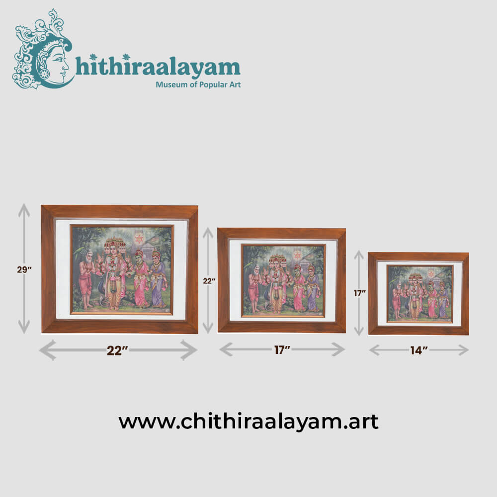 Size and dimension chart for Lord Murugar raw silk embroidery painting in teak wood frame