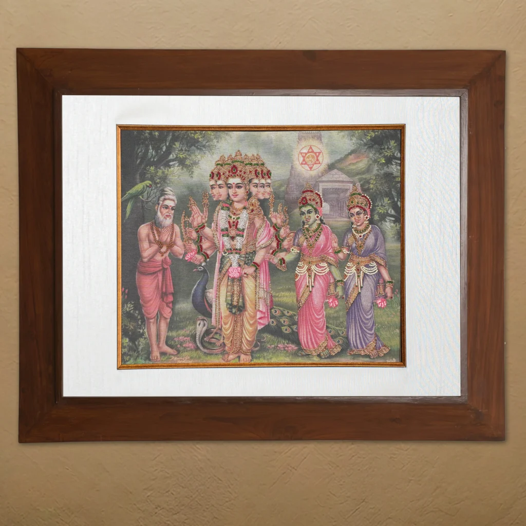 Lord Murugar silk embroidery wall art framed in teak wood for pooja room and living room decor