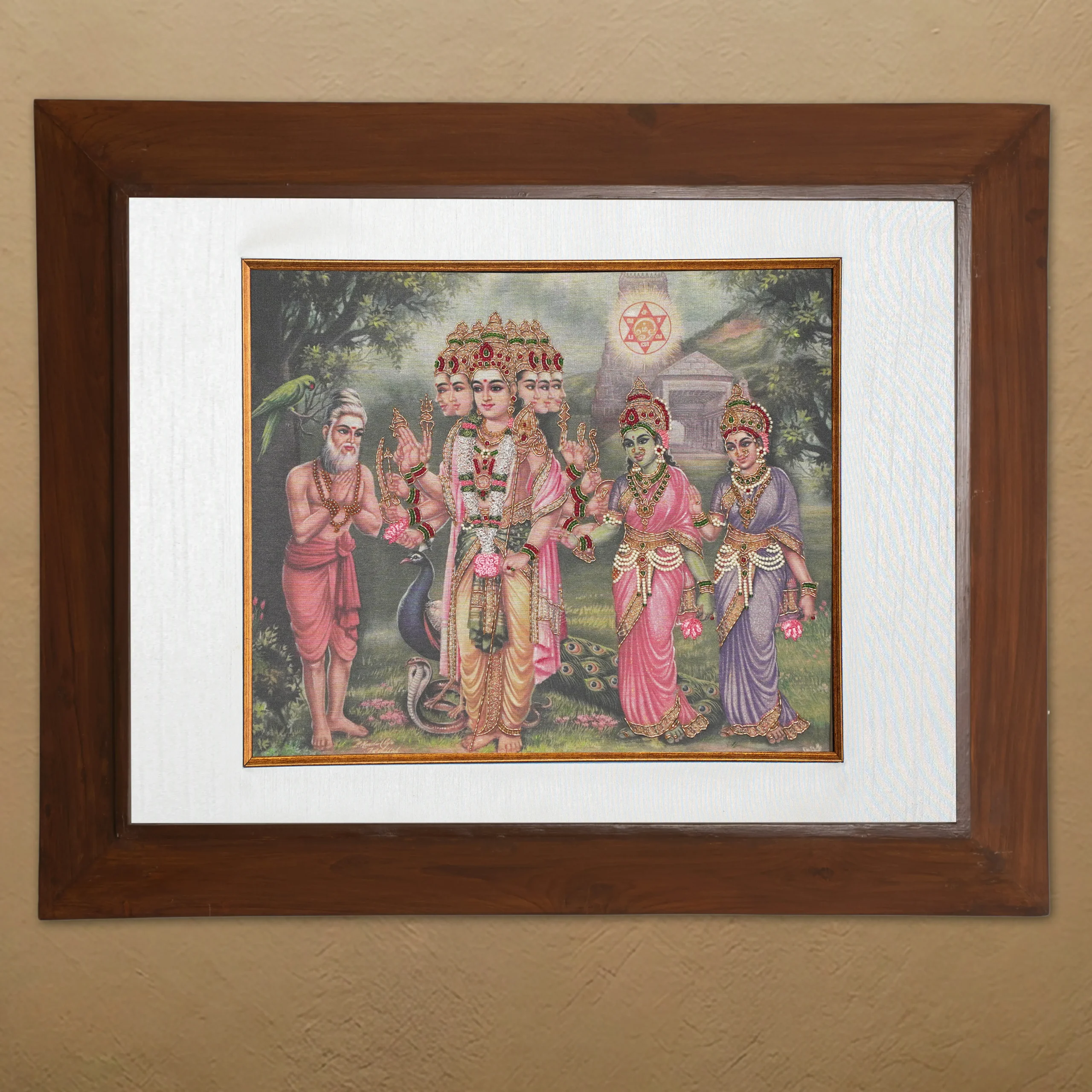 Lord Murugar silk embroidery wall art framed in teak wood for pooja room and living room decor