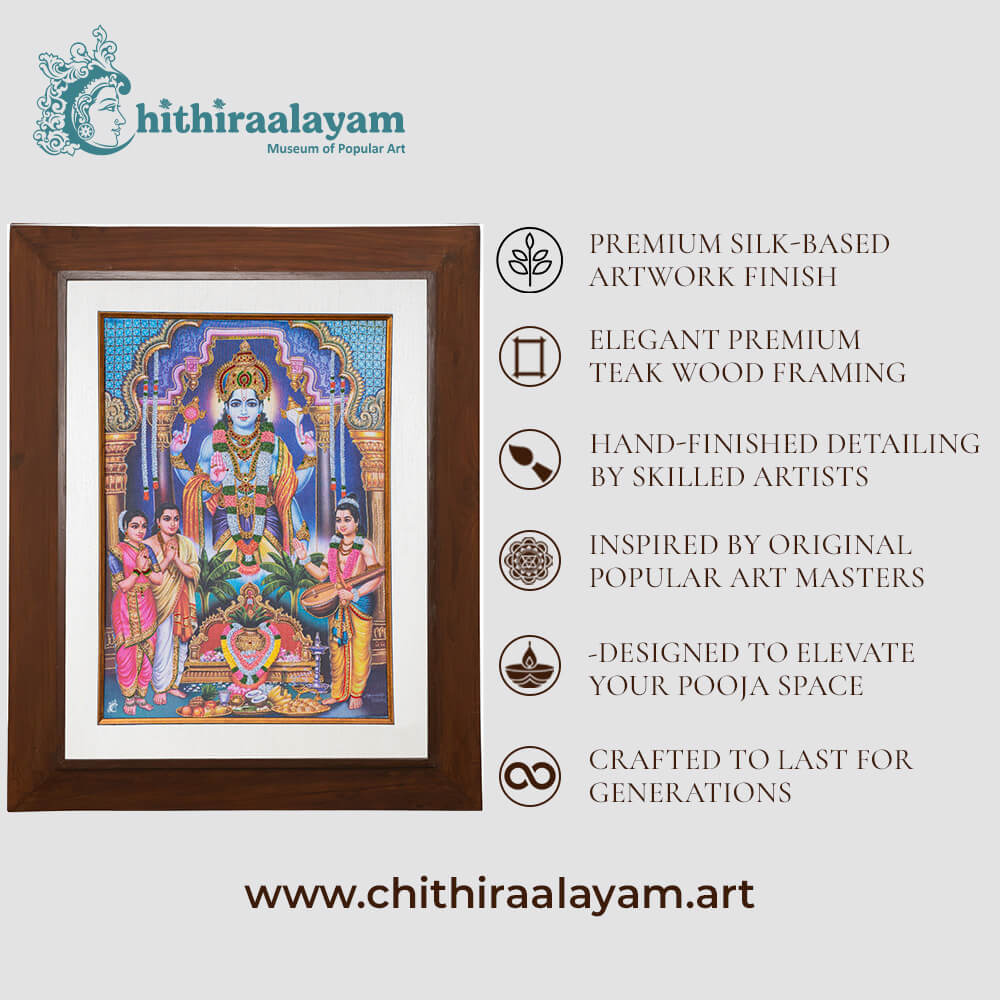 Lord Sathyanarayana devotional art highlighting premium raw silk, Ari and Zardoshi embroidery and antique teak wood finish