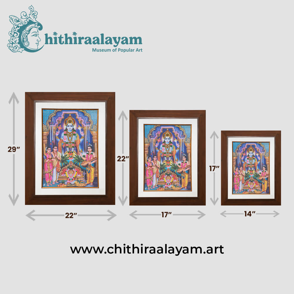 Size and dimension chart for Lord Sathyanarayana raw silk embroidery painting in teak wood frame