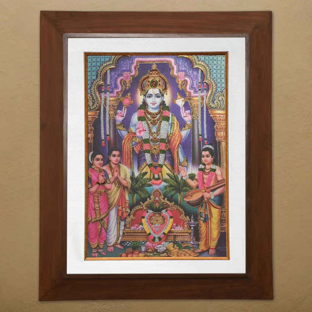Lord Sathyanarayana silk embroidery wall art framed in teak wood for pooja room and living room decor
