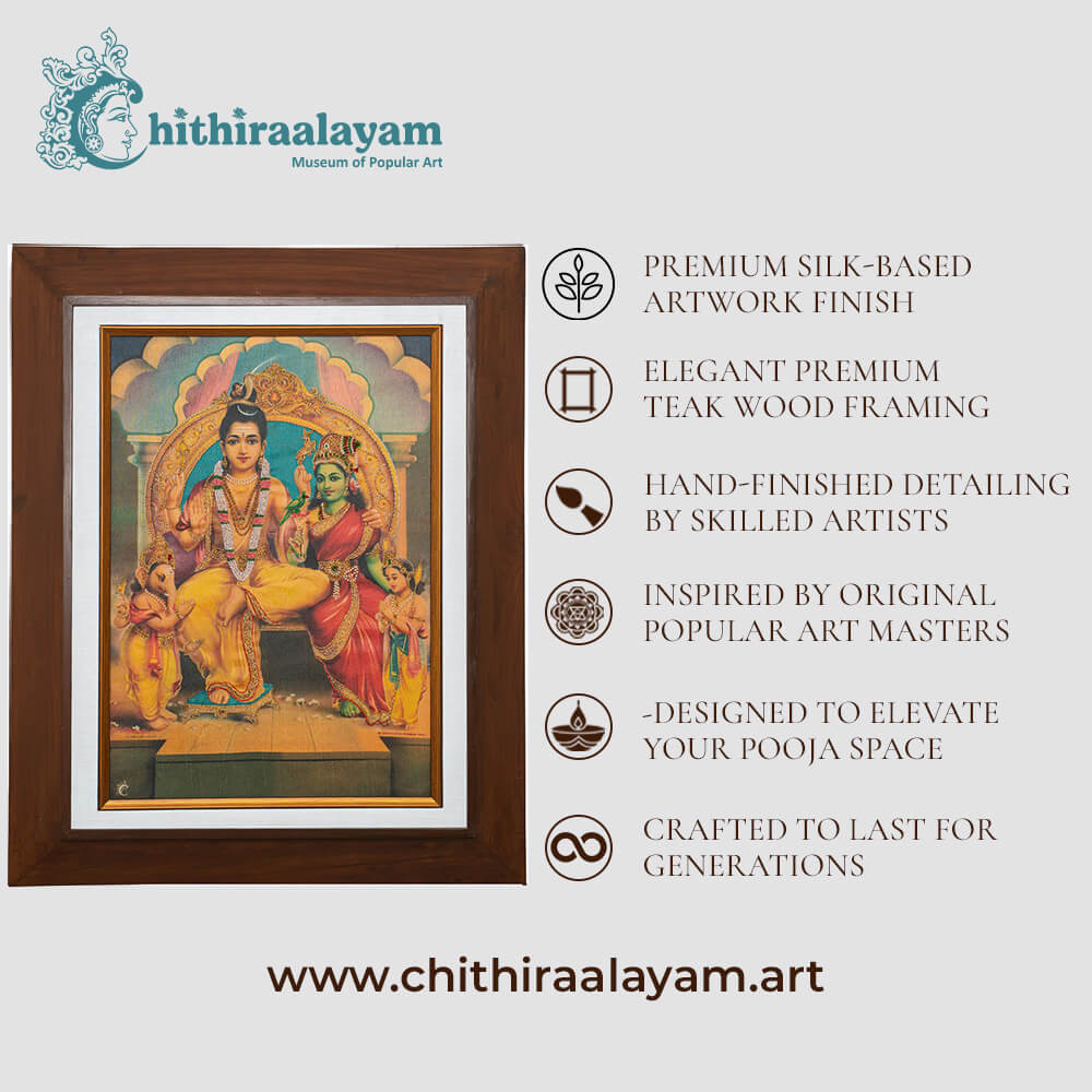 Lord Siva Family devotional art highlighting premium raw silk, Ari and Zardoshi embroidery and antique teak wood finish