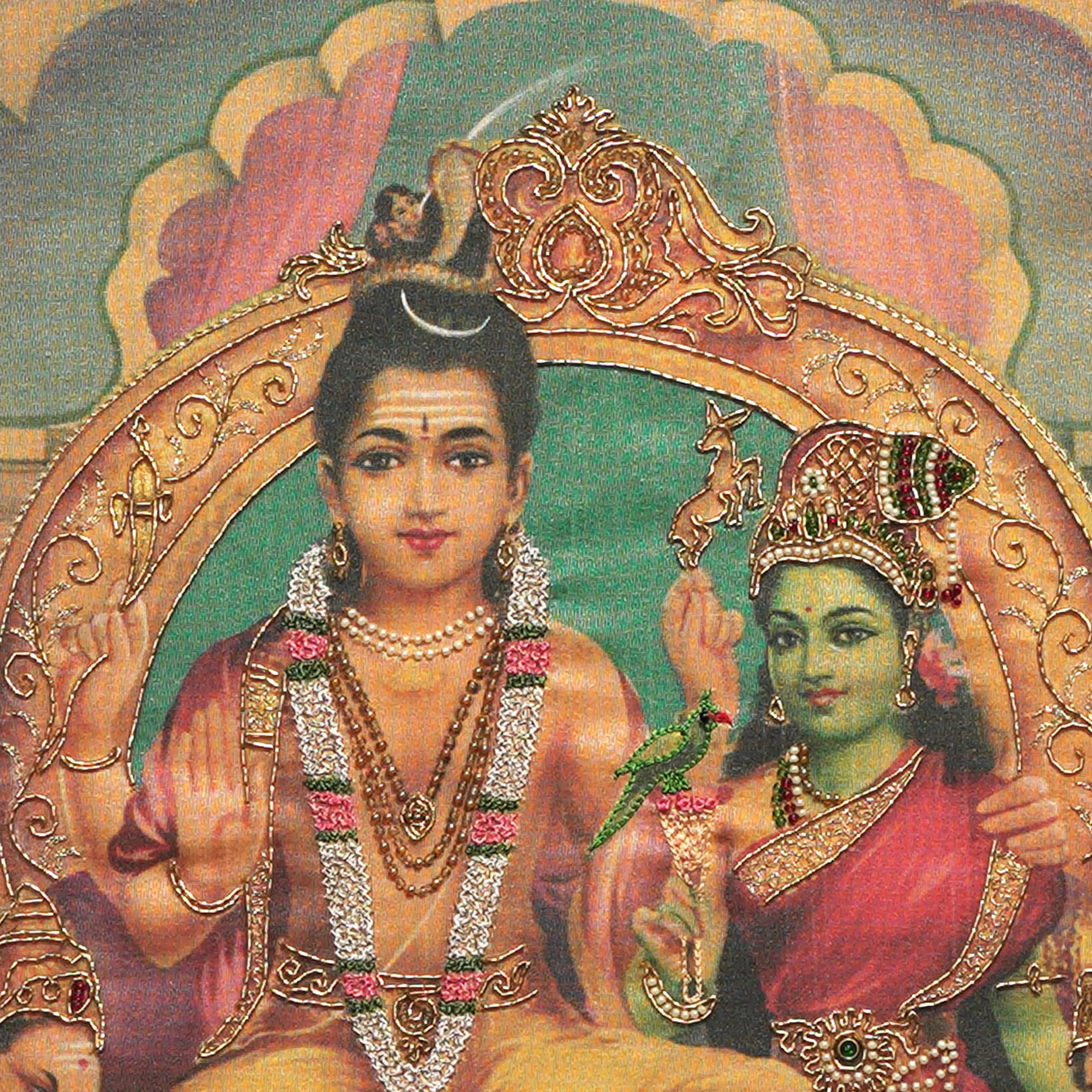 Close-up of Lord Siva Family face and crown detail with handcrafted Ari and Zardoshi embroidery on raw silk