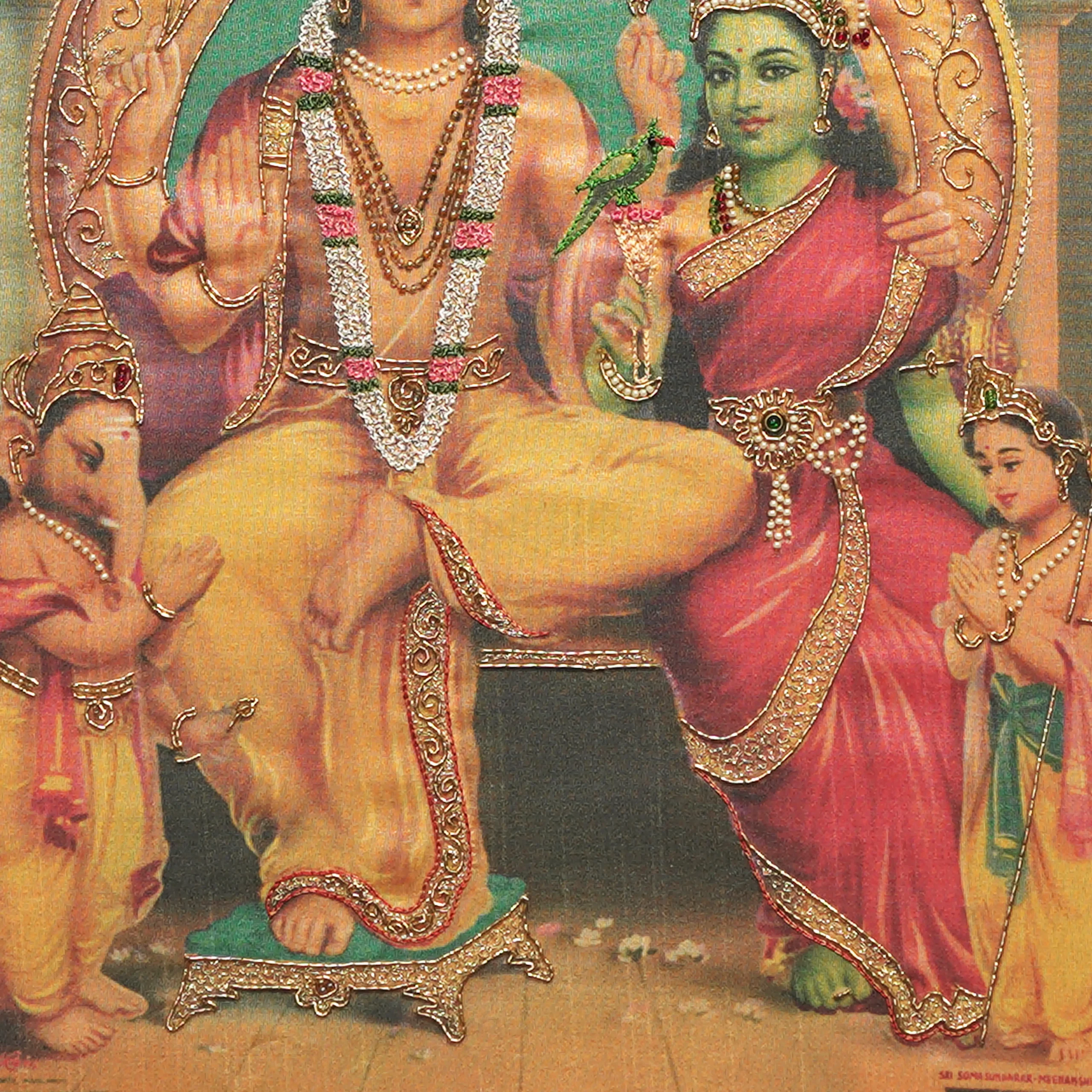 Close-up of Lord Siva Family lower body embroidery showing intricate Zardoshi threadwork on raw silk