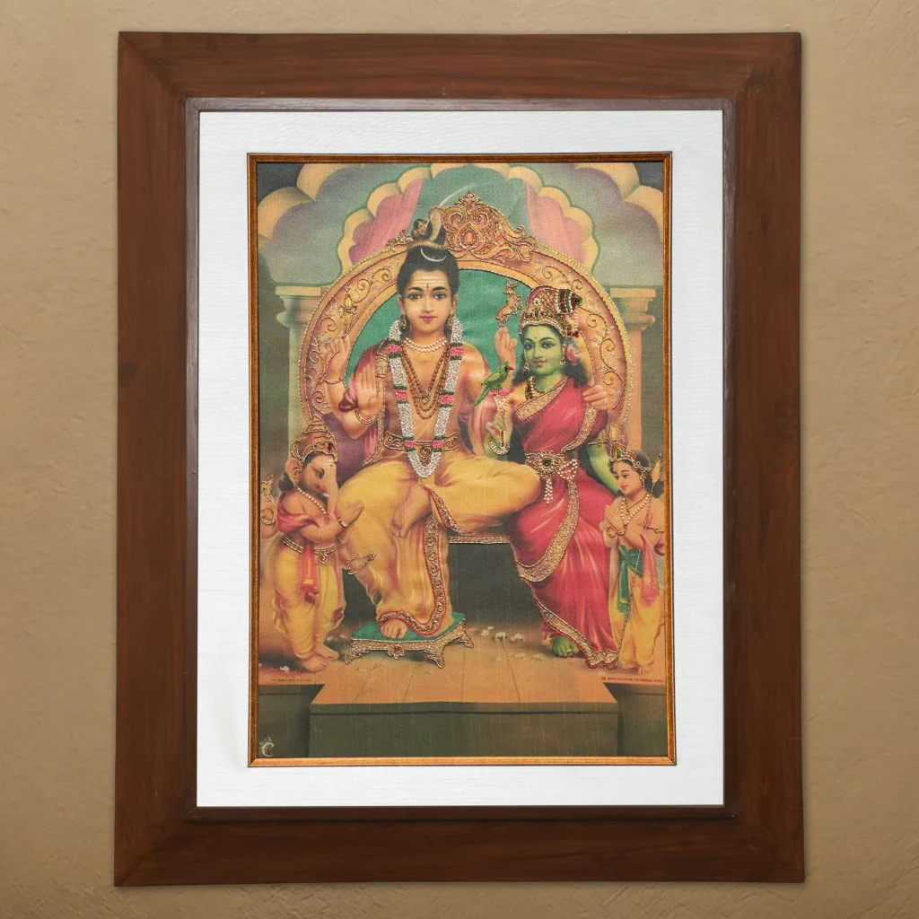 Lord Siva Family silk embroidery wall art framed in teak wood for pooja room and living room decor